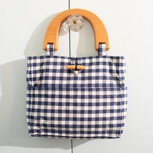 Preppy Navy Gingham Handbag with Wooden Details